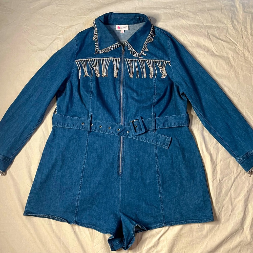 L’ATISTE By Amy Denim Romper with Sparkle/ Jeweled Fringe Size 2X